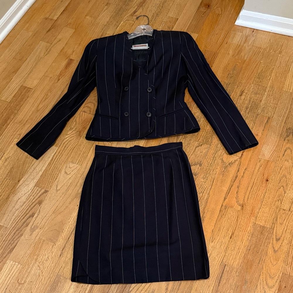 Navy Blue Vintage Emporio Armani Pinstripe Blazer and Skirt Set European size 38